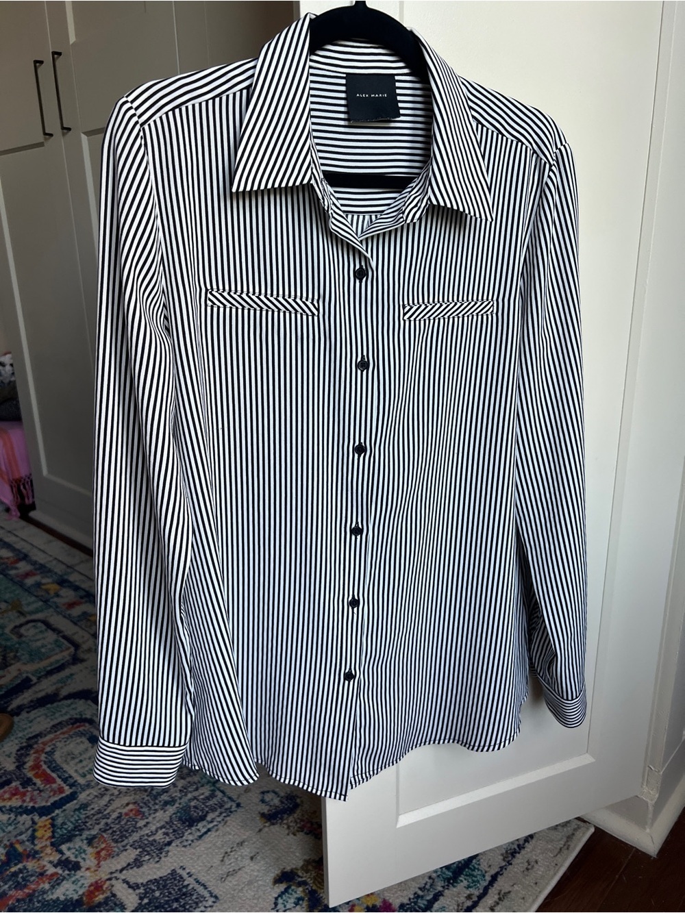Alex Marie Piper Black and White Stripe Button-Front Long Sleeve Blouse
